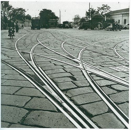 Tram tracks outside Porta Genova station in a historic photograph of Milan